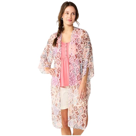 NWT SONOMA WATERCOLOR IKAT LONG KIMONO (BROWN MULTI / OS) - Picture 1 of 10